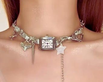 Gargantilla con reloj en tono plateado, collar con esfera, estilo vintage, reloj, joyería, joyería, joyería con reloj, en capas, regalo, regalo para ella, joyería llamativa