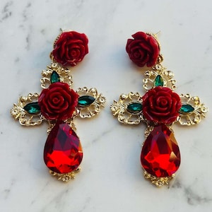 Cross Earrings, Ruby Earrings, Gem Earrings, Red Earrings, Statement Earrings, Jewelry, Gift, Gift For Her, Dangle Earrings, Drop Earrings