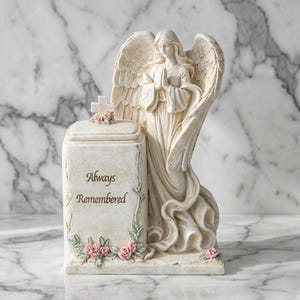Puede incluir: Una estatua de ángel color crema con alas extendidas y manos juntas junto a una urna conmemorativa. La urna está inscrita con "Always Remembered" y adornada con rosas rosas y una cruz.