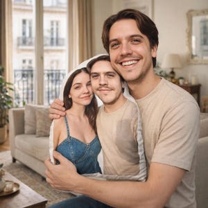 Puede incluir: Un cojín personalizado con las caras de una pareja, sostenido por un hombre sonriente. El cojín muestra a una mujer con un vestido vaquero y a un hombre con una camisa beige. El hombre que sostiene el cojín lleva una camiseta beige.