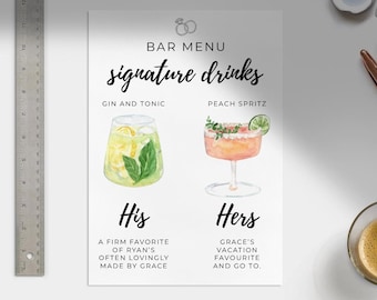 Plantilla editable de menú de bebidas de autor para bodas / Letrero de bar en Canva / Menú de cócteles imprimible / Descarga instantánea