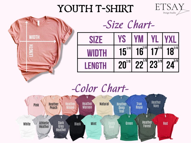 Puede incluir: Una camiseta juvenil de color coral con tablas de tallas y colores. La tabla de tallas muestra medidas de ancho de 38,7 cm a 46,4 cm y largos de 53,0 cm a 61,0 cm. La tabla de colores muestra varios colores de camisetas.