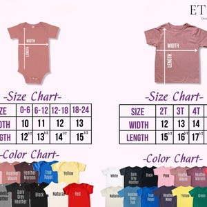 Puede incluir: Imagen de un body rosa para beb&eacute; y una camiseta rosa para ni&ntilde;o peque&ntilde;o, ambos con gu&iacute;as de medidas. Las tablas de tallas detallan el ancho y el largo en cent&iacute;metros para varias tallas. Una carta de colores muestra los colores de camisa disponibles, incluyendo rosa, blanco y rojo.