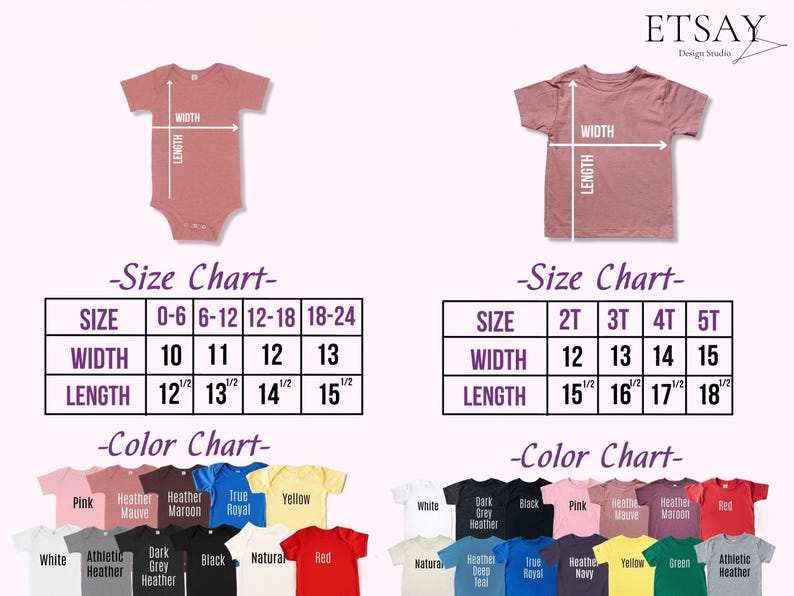 Puede incluir: Imagen de un body rosa para beb&eacute; y una camiseta rosa para ni&ntilde;o peque&ntilde;o, ambos con gu&iacute;as de medidas. Las tablas de tallas detallan el ancho y el largo en cent&iacute;metros para varias tallas. Una carta de colores muestra los colores de camisa disponibles, incluyendo rosa, blanco y rojo.