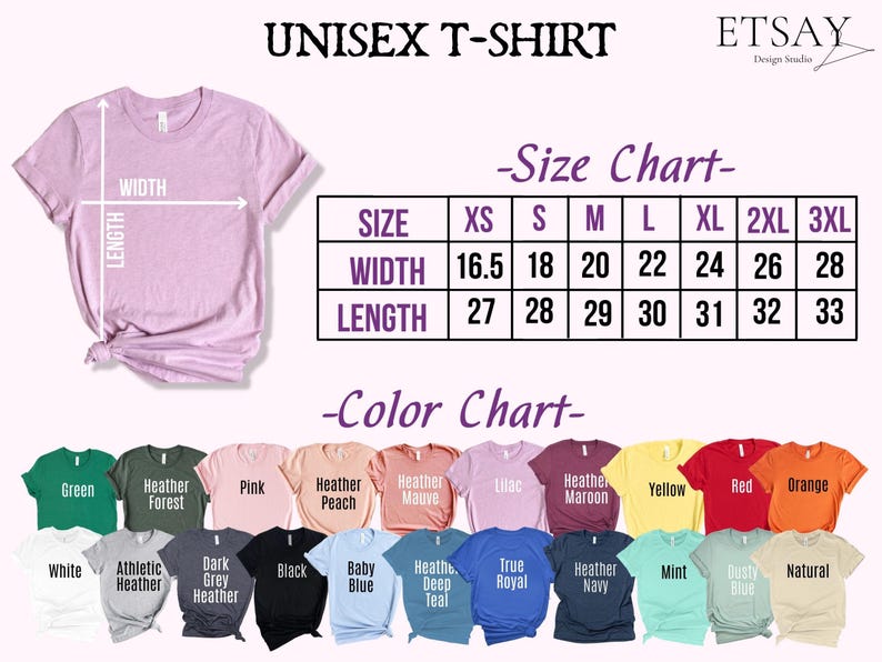 Puede incluir: Una camiseta unisex de color lila claro con una tabla de tallas que muestra las medidas de ancho y largo en cent&iacute;metros. Una carta de colores muestra varios colores de camisetas, incluyendo verde, rosa y amarillo.
