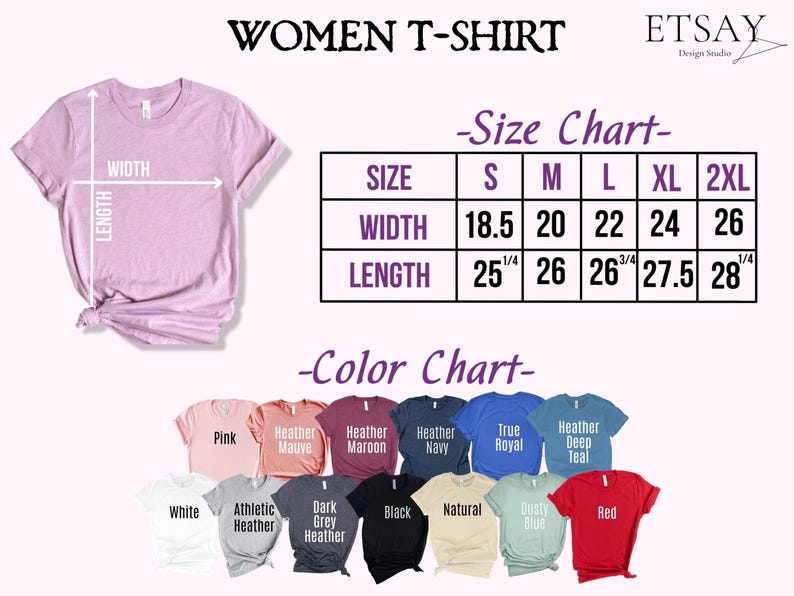 Puede incluir: Una camiseta rosa de mujer con una tabla de tallas y colores. La tabla de tallas muestra las medidas de ancho y largo en pulgadas. La tabla de colores muestra varios colores de camisetas, incluyendo rosa, blanco y rojo.