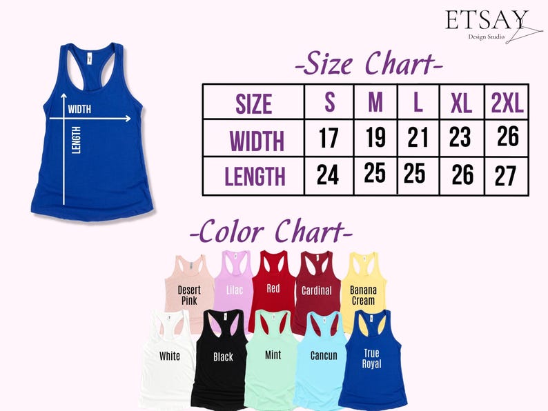 Puede incluir: Una camiseta sin mangas azul True Royal con una tabla de tallas que muestra las medidas de ancho y largo en cent&iacute;metros. La carta de colores muestra camisetas sin mangas en varios colores, incluyendo blanco, negro y rojo.