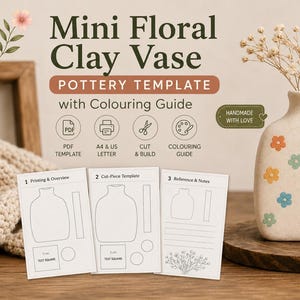 Puede incluir: Una plantilla de cerámica Mini Floral Clay Vase con guía de coloreado, que incluye tres hojas de instrucciones impresas, una guía circular y un jarrón beige decorado con pequeñas flores de colores, con tallos de paniculata seca.