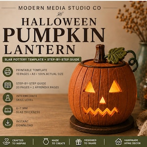 Könnte beinhalten: Eine Kürbislaternen-Töpfervorlage von Modern Media Studio Co. Der Text enthält Halloween Pumpkin Lantern, Slab Pottery Template, 10 Seiten A3, 20 Seiten Anleitung, mittleres Niveau und 6-7 mm Plattenstärke. Ein orangefarbener Kürbis.