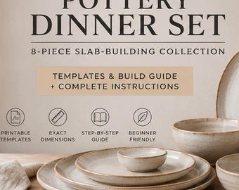 Moldes para cerâmica com base em placas | Conjunto de jantar de 8 peças | Moldes de cerâmica para imprimir | PDF para modelagem manual em argila | Guia para iniciantes em cerâmica