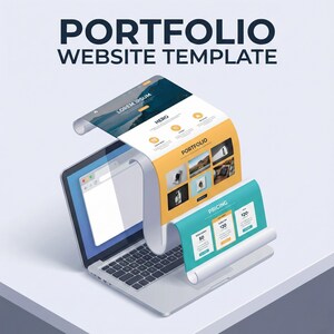 Op de afbeelding: Isometrische weergave van een laptop met een website-sjabloon. Het websiteontwerp wordt getoond als een opgerolde pagina met secties met de labels "Hero", "Portfolio" en "Pricing". De tekst "Portfolio Website Template" staat bovenaan.