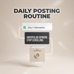 Könnte beinhalten: Ein Bild mit dem Text "DAILY POSTING ROUTINE". Darunter ist eine Checkliste mit "Day 1: Motivation" abgehakt. Ein schwarzes Rechteck lautet "UNPOPULAR OPINION: STOP SCROLLING." Darunter ein Social-Media-Post mit einer Kaffeetasse und den Worten "DAILY INSPIRATION."