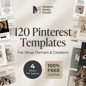 Può includere: Un'immagine che mostra 120 modelli Pinterest per proprietari di negozi e creatori. Il design include vari layout, con il testo "4 Stili per Layout" e "100% GRATUITO CANVA". I modelli hanno un'estetica moderna.