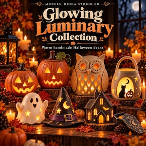 Może przedstawiać: Kolekcja halloweenowych lampionów obejmująca dwie pomarańczowe dynie, beżową sowę, białego ducha, czarny kapelusz czarownicy, ciemny dom i latarnię z kotem. Tekst: Modern Media Studio Co Glowing Luminary Collection.