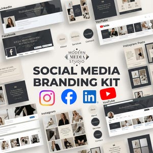 May include: A social media branding kit with various platform mockups, including LinkedIn, Facebook, Instagram, and YouTube. The kit features a modern design with a neutral color palette and the text "SOCIAL MEDIA BRANDING KIT".