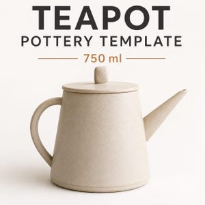 May include: A beige teapot with a lid, a curved handle, and a straight spout. The text TEAPOT POTTERY TEMPLATE 750 ml is displayed above the object. The teapot has a matte, speckled finish and a wide base that tapers toward the top lid.