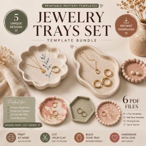 May include: A digital template bundle for five jewelry trays, featuring printable pottery designs. The set includes six PDF files with tray templates, a wall strip template, a printing guide, and a tutorial for creating clay trays.