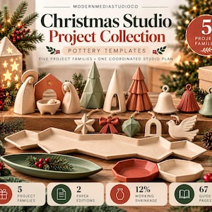 May include: A collection of ceramic pottery templates titled Christmas Studio Project Collection. The set includes various geometric Christmas trees, bells, ornaments, a nativity scene, and trays in muted red, green, and cream tones.