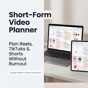 May include: A laptop and tablet displaying a digital planner. The screen shows a calendar and content ideas for Reels, TikToks, and YouTube Shorts. Text on the screen includes social media platform logos. The image also includes the text "Short-Form Video Planner".