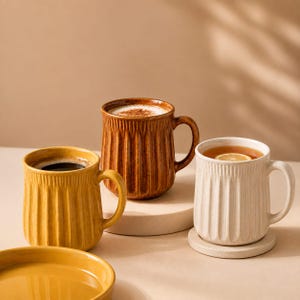 May include: Three ceramic mugs with vertical ribbed textures. One mustard yellow mug contains black coffee, one brown mug holds a latte with cinnamon, and one cream-coloured mug contains tea with a lemon slice. A matching yellow saucer is in the foreground.