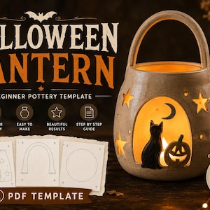 May include: A beige ceramic lantern with a handle, featuring cutouts of stars and a crescent moon, with a black cat and pumpkin silhouette inside. Includes a PDF template with line drawings for a beginner pottery project titled Halloween Lantern.