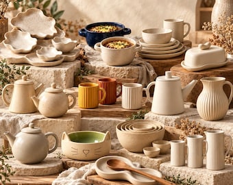 Pode incluir: Um conjunto completo de cerâmica com vários artigos, incluindo bules, canecas, taças, uma manteigueira, um jarro e uma taça com cara de gato. A coleção inclui peças salpicadas, caneladas e de cores sólidas em tons neutros e quentes.
