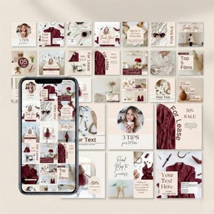 May include: A smartphone screen shows a grid of social media templates in burgundy and cream. The templates include text such as "3 TIPS", "Your Text Here", and "For Sale", alongside images of fashion items and accessories.