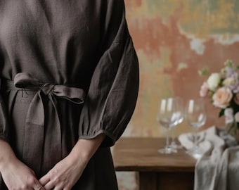 Brown Linen Dress – Loose Fit Belted Midi Dress, Minimalist Cottagecore Outfit, Soft Washed Linen, Casual Everyday Dress