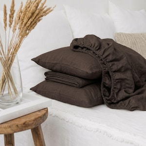 Natural Linen Bed Sheet Set: Dark Chocolate Brown, 100% Linen Sheets set 4P (1 Fitted Sheet 1 Flat Sheet 2 Pillowcases) Gift For Her
