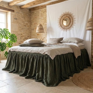 Linen Bed Skirt, Dark Olive Green, Ruffled (Queen King Twin)