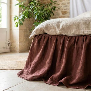 Farmhouse Linen Bed Skirt, Ruffled Brown (Queen to King Sizes)