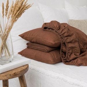 Brown Linen Bedding Set, 100% Linen Sheets set 4P (1 Fitted Sheet 1 Flat Sheet 2 Pillowcases), Washable Linen, Christmas Gift