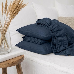 Set di lenzuola in stile rustico, blu navy, cotone lavato (da matrimoniale a king size)