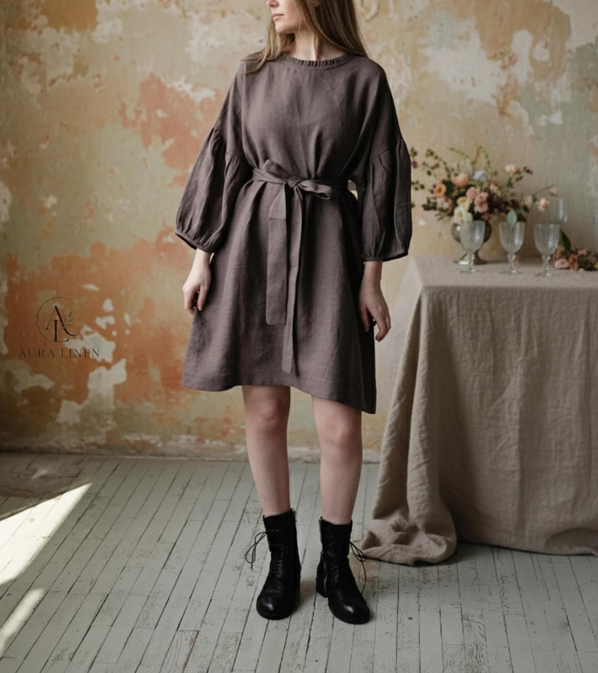 Brown Linen Dress - Loose Fit Belted Midi Dress, Minimalist Cottagecore Outfit, Soft Washed Linen, Casual Everyday Dress Brown Linen Dress - Loose Fit Belted Midi Dress, Minimalist Cottagecore Outfit, Soft Washed Linen, Casual Everyday Dress