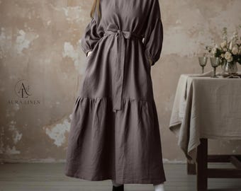 Boho Leinen Maxikleid - Loose Fit mit Ballon-Ärmeln und Gürtel