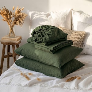 100% Linen Sheets set 4P (1 Fitted Sheet 1 Flat Sheet 2 Pillowcases), Green Linen Sheets - Soft, Breathable Bedding Set, Christmas Gift