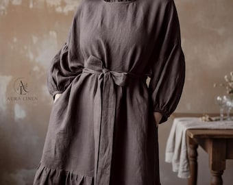 Boho Leinen Maxi Kleid, lockere Passform, Ballon-Ärmel (XS-5X)