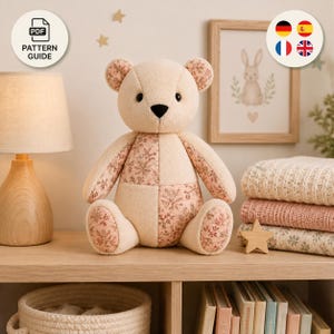 Plush Teddy Bear Pattern | Floral Patchwork Bear | Handmade Baby Gift | Nursery Sewing Pattern