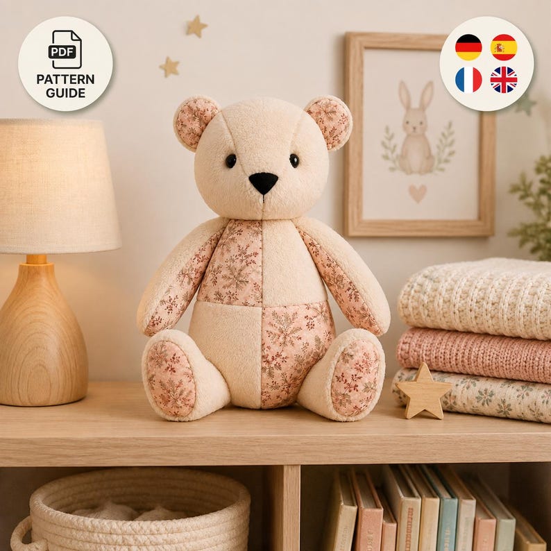 Plush Teddy Bear Pattern | Floral Patchwork Bear | Handmade Baby Gift | Nursery Sewing Pattern