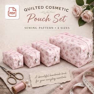 Mönster för sömnad av quiltad sminkväska i PDF-format, boxig dragkedja-påse för hemmafixering, kosmetika- och necessär för resor