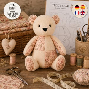 Bear Toy Sewing Pattern | Floral Patchwork Ears | Digital PDF Pattern | New Baby Nursery Gift