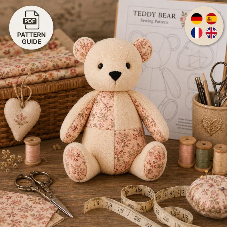 Bear Toy Sewing Pattern | Floral Patchwork Ears | Digital PDF Pattern | New Baby Nursery Gift