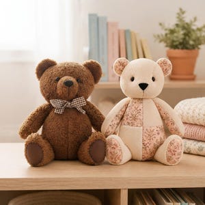 May include: Two plush teddy bears sitting side by side. The bear on the left is dark brown with a textured fleece finish and a brown and white checkered bow tie. The bear on the right is cream-colored with patches of floral fabric.