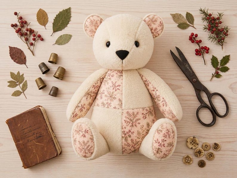 May include: A plush teddy bear constructed from cream-colored fabric and a light pink floral patterned fabric. The bear features dark button eyes and a black stitched nose. It is surrounded by metal thimbles, scissors, buttons, and dried leaves.