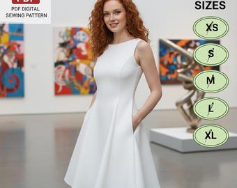 U-Boot-Ausschnitt Minikleid Schnittmuster PDF, A-Linie fließendes Kleid, Anfänger DIY Instant Download