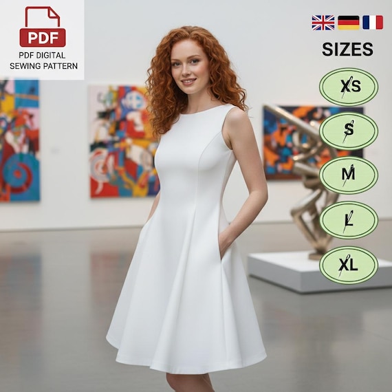 Boat Neck Mini Dress Sewing Pattern PDF, A Line Flowy Dress, Beginner DIY Instant Download