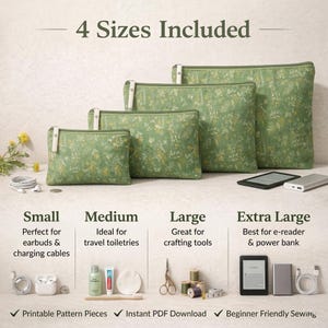 May include: Four green fabric pouches in different sizes, with a floral design. Each pouch has a zip closure and a white leather pull tab. The image includes text that says "4 Sizes Included".
