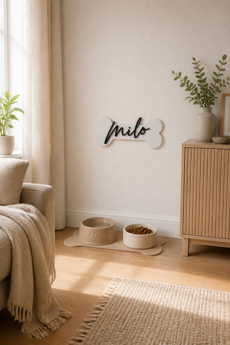 May include: A white wall-mounted bone-shaped sign with the black script name Milo, paired with a beige bone-shaped floor mat holding two round bowls, one containing water and the other filled with brown dry pet food kibble.