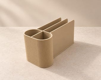Sculptural Notebook Organizer with Smooth Dividers and Ribbed Pen Holder