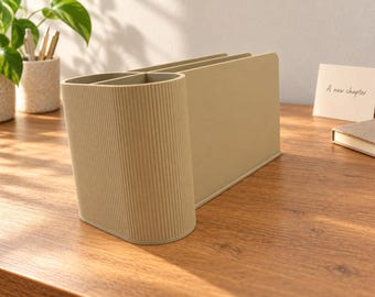 Modern Desk Organizer with Notebook Slots and Ribbed Pen Holder